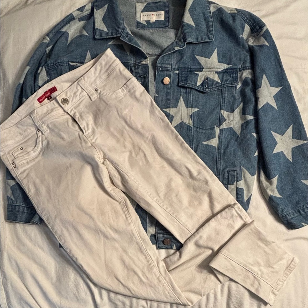 YMI Denim Jacket and White Pants Set